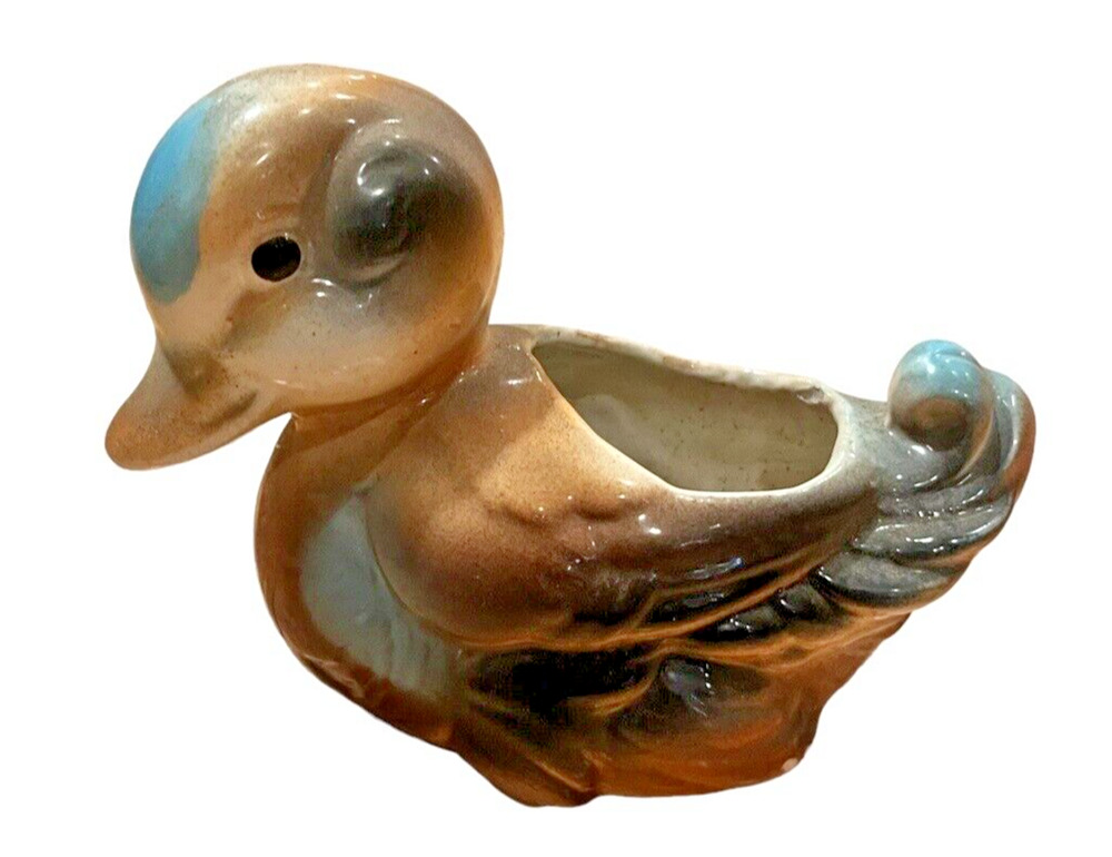 Royal Copley Ceramic Duck Planter VTG Blue Brown Duckling Baby Mallard Plants